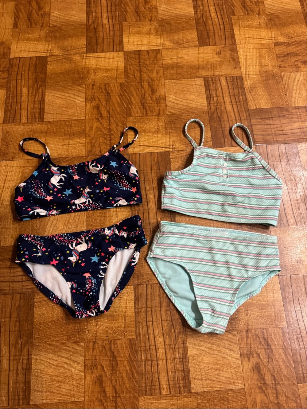 Cat & Jack Girls Navy Unicorn Print Bikini and Mint Striped Tankini Set